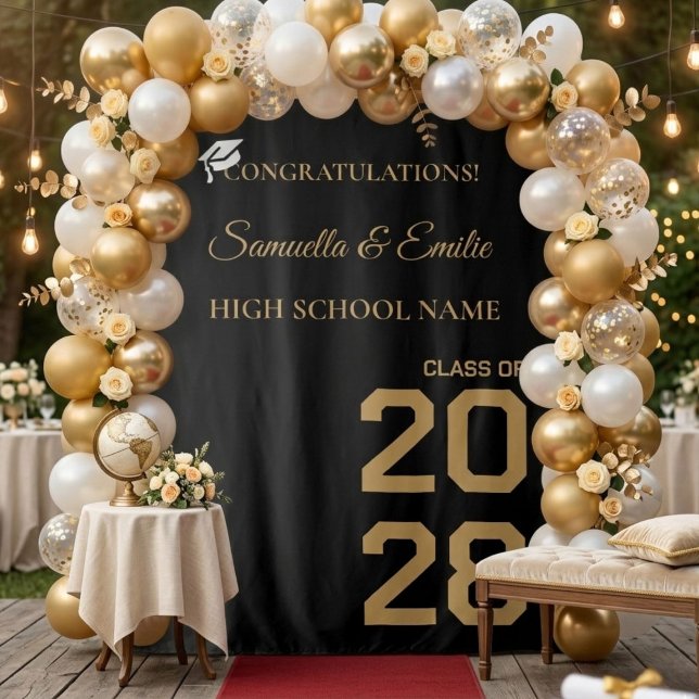 Graduate Modern Gold Script Twin Graduation Party Wandteppich (Von Creator hochgeladen)