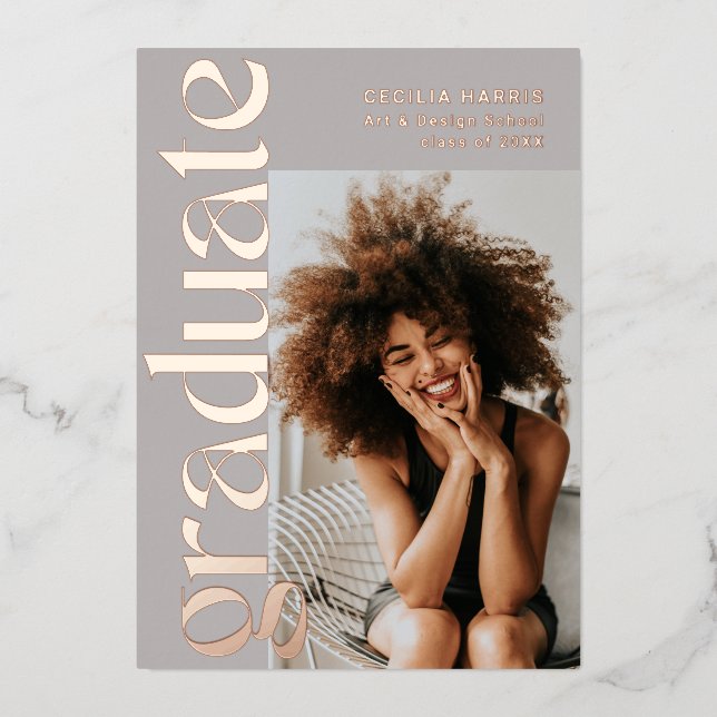 Graduate Modern Rose Gold Foto Abschluss Fossilien Folieneinladung (Vorderseite)