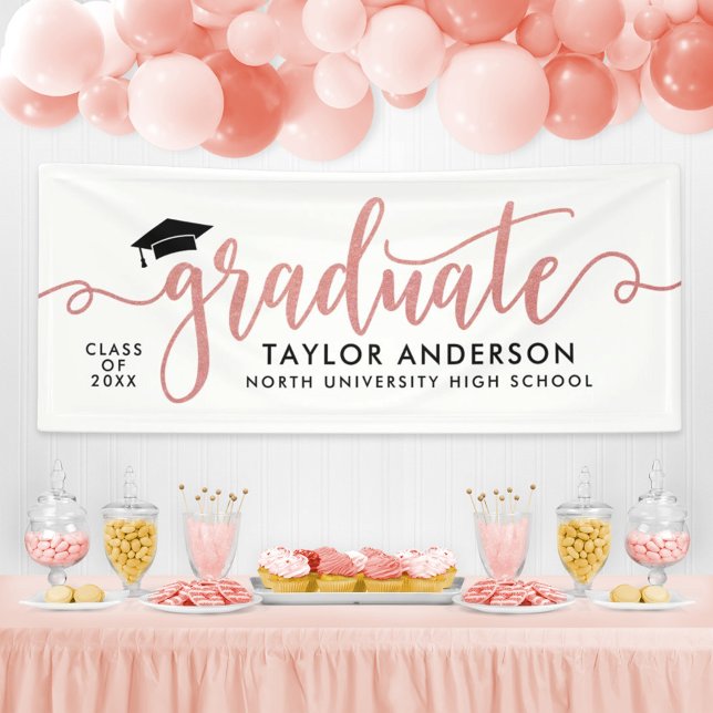 Graduate Modern Rose Gold Script Graduation Party Banner (Von Creator hochgeladen)