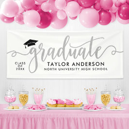 Graduate Modern Silver Script Graduation Party Banner