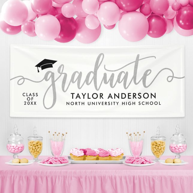 Graduate Modern Silver Script Graduation Party Banner (Von Creator hochgeladen)