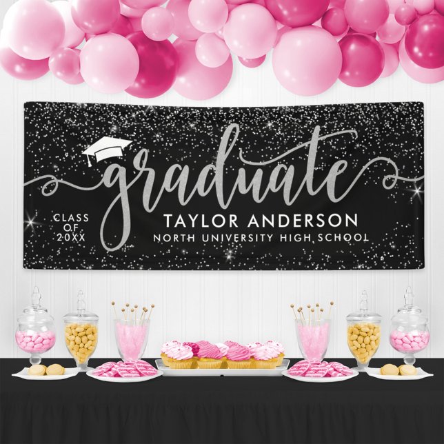 Graduate Modern Silver Script Graduation Party Banner (Von Creator hochgeladen)