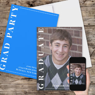Graduate Modern Simple Photo Minimalist Azure Blue Einladung