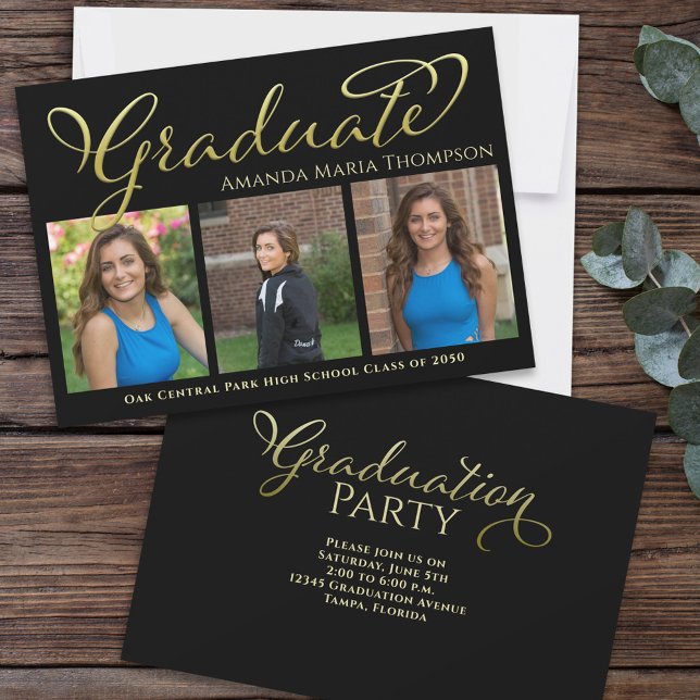 Graduate Multi Foto Black Gold Calligraphy Einladung (Graduation photo invitation with black and gold typography)