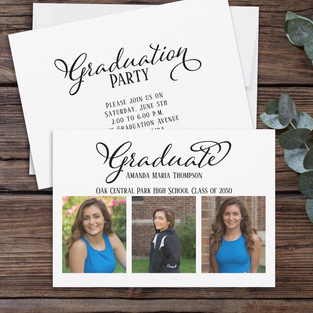 Graduate Multi Foto Einfache Elegante Kalligrafie Einladung (Von Creator hochgeladen)