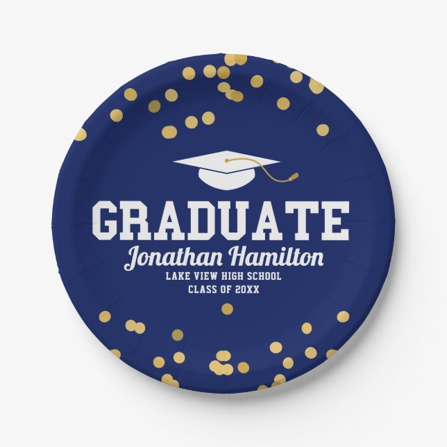 Graduate Navy Blue Gold Confetti Graduation Party Pappteller (Vorderseite)