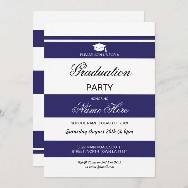 Graduate Party Stripe Navy White Einladung Graduat (Vorne/Hinten)