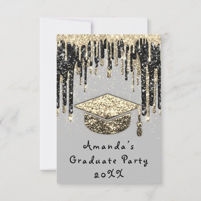 Graduate Party Tropfen Glitzer Gray Gold Confetti Einladung (Rückseite)