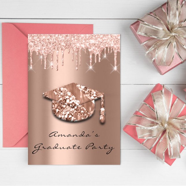 Graduate Party Tropfen Rose Gold Cap 3D Glam Einladung (Graduate Party Drips Rose Gold Cap 3D Glam Invitation)