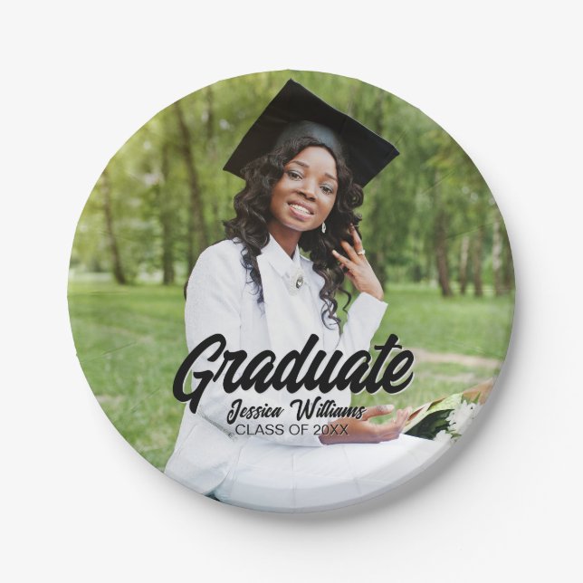Graduate Photo Bold Black Script Graduation Party Pappteller (Vorderseite)