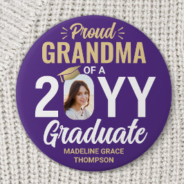 Graduate Photo Proud Grandma Modern Purple & Gold Button