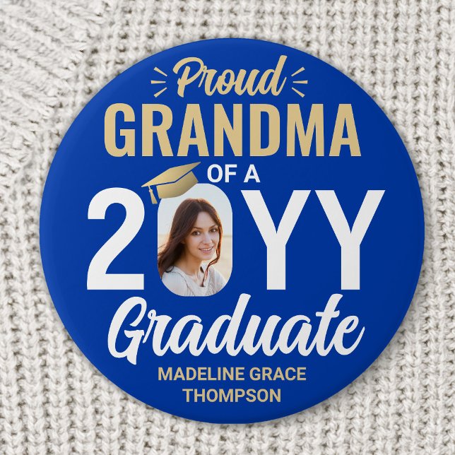 Graduate Photo Proud Grandma Royal Blue and Gold Button (Von Creator hochgeladen)