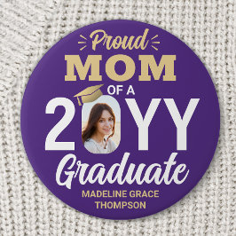Graduate Photo Proud Mom Modern Purple and Gold Button