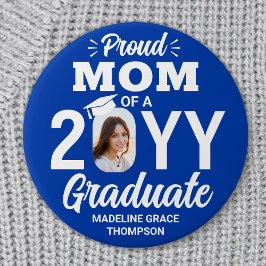 Graduate Photo Proud Mom Modern Royal Blue & White Button