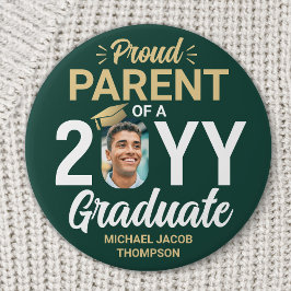 Graduate Photo Proud Parent Modern Green and Gold Button