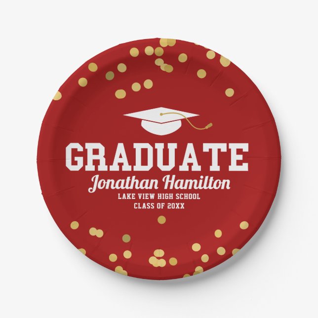 Graduate Red Gold Confetti Graduation Party Pappteller (Vorderseite)