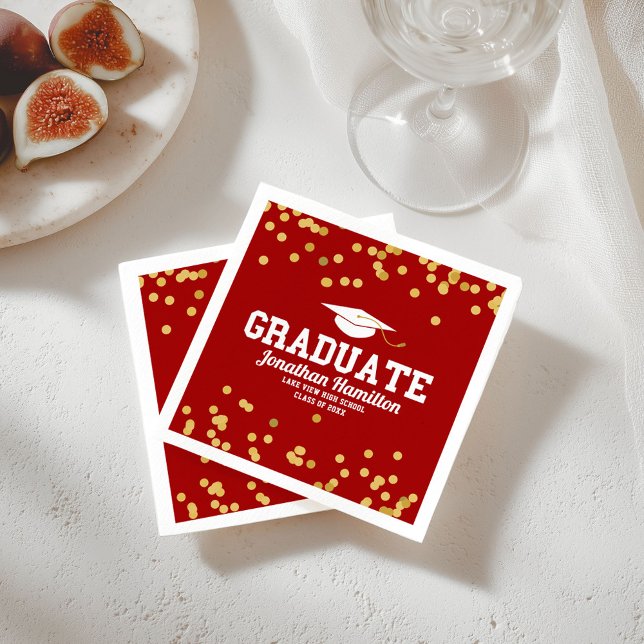 Graduate Red Gold Confetti Graduation Party Serviette (Von Creator hochgeladen)