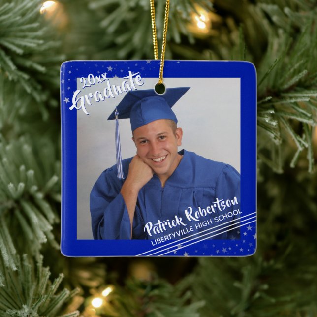 Graduate, Royal Blue Border & Stars, zwei Fotos Keramikornament (Baum)