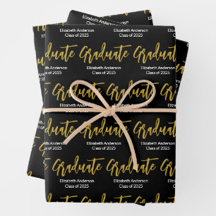 Graduate Schwarz-weiß Gold Grad Name Class of 2024 Geschenkpapier Set