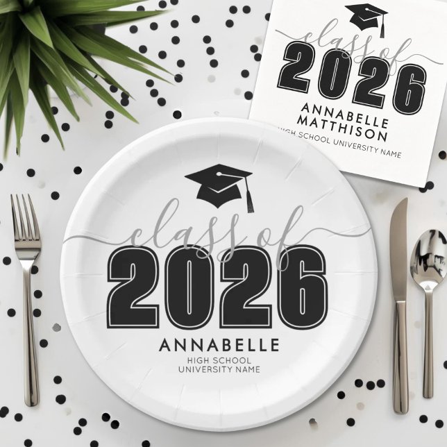 Graduate Schwarz-weiß Graduate Party Pappteller (Graduate Black White Graduation Party Paper Plates)
