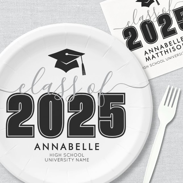 Graduate Schwarz-weiß Graduate Party Pappteller (Graduate Black White Graduation Party Paper Plates)