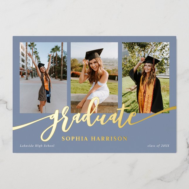 Graduate Script 3 Fotos Dusty Blue Abschluss Folieneinladung (Vorderseite)