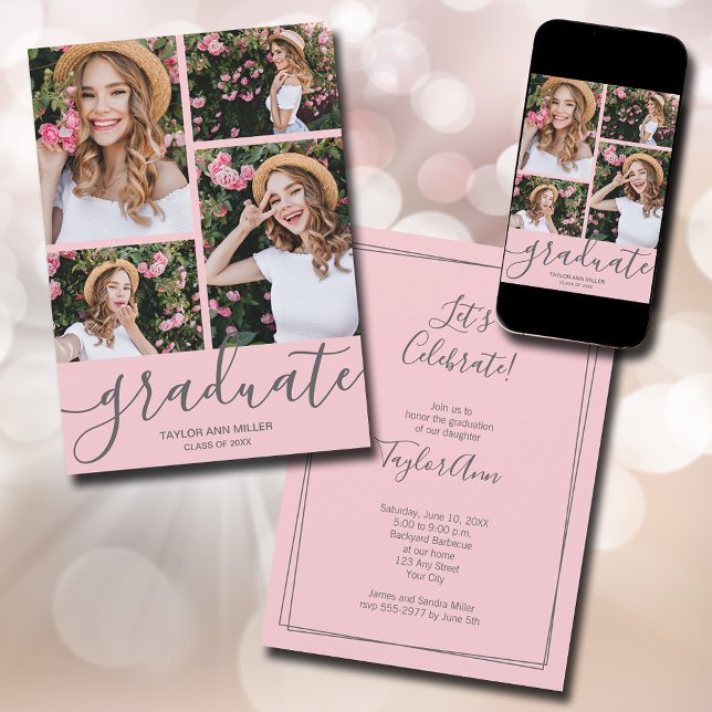 Graduate Script 4 Foto Pink Abschluss Ankündigung (Modern script 4 photo pink graduation announcements - PRINTED and/or INSTANT DOWNLOAD)