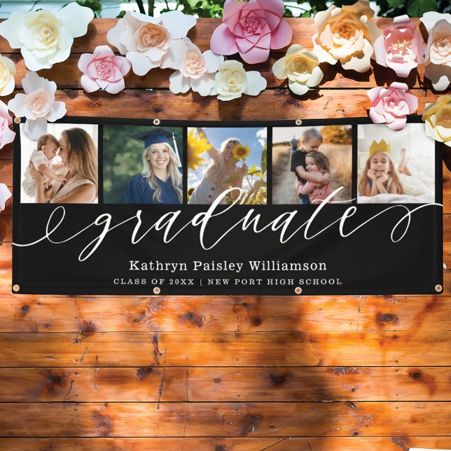 Graduate Script 5 Foto Collage Black Abschluss Banner (Von Creator hochgeladen)