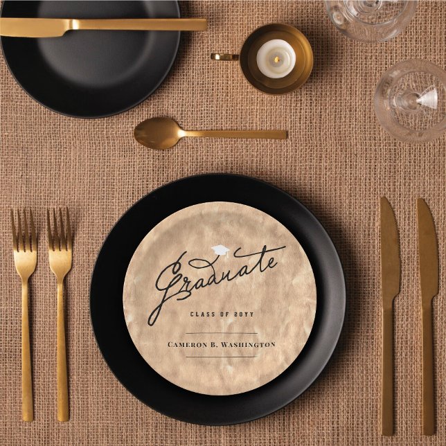 Graduate Script für Kupferfolien Stilvoller Abschl Pappteller (Copper Faux Foil Stylish Graduate Script Graduation Party Paper Plates @ fatfatin)
