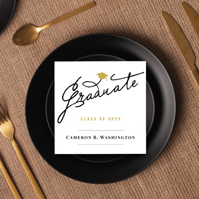 Graduate Script Grad Cap Simple Graduation Party Serviette (Modern Stylish Graduate Script Graduation Cap Simple Grad Party Napkin @ zazzle.com/color_therapy)