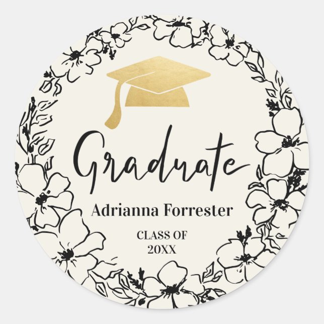 Graduate Script | Grad Hat Gold Floral Wreath Runder Aufkleber (Vorderseite)