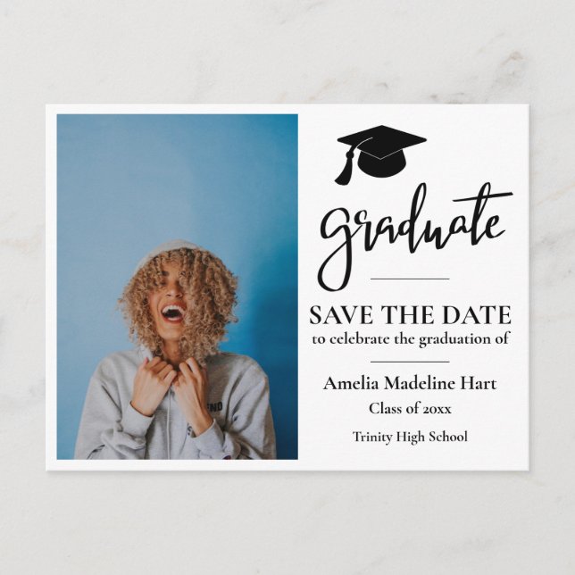 Graduate Script | Grad Hat | SAVE THE DATE FOTO Postkarte (Vorderseite)
