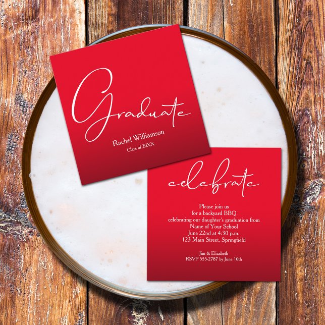 Graduate Script Red Kleines Party Begleitkarte (Small 2.5" x 2.5" invitations to hand out or mail with your graduation announcements (no envelopes))