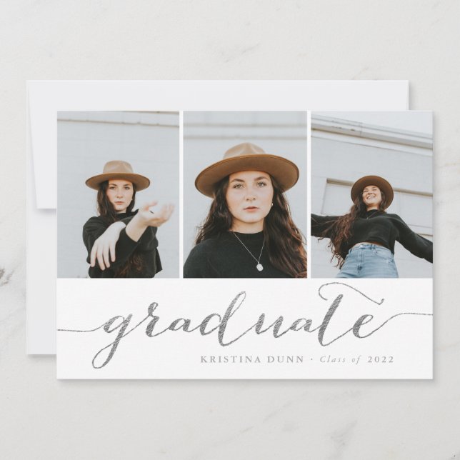 Graduate Script Silver Foto Collage | Abschluss Einladung (Vorderseite)