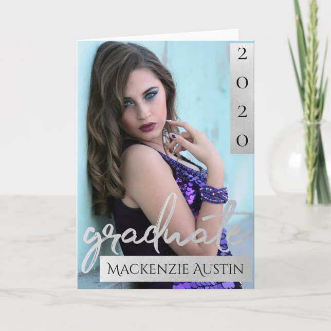 Graduate Silver Script | Brush Grad Foto Keepake Dankeskarte (Vorderseite)