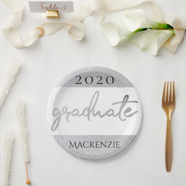 Graduate Silver Script | Trendy Imitats Metallic Pappteller (Hochzeit)
