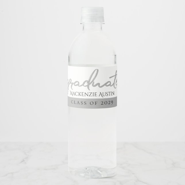Graduate Silver Script | Trendy Imitats Metallic Wasserflaschenetikett (Vorderseite)