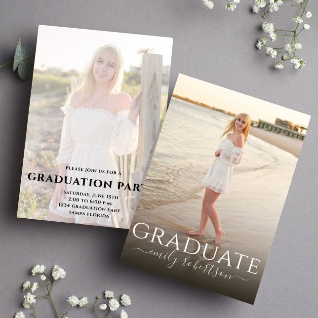 Graduate Simple Modern 2 Foto Template Minimalisti Einladung (Elegant and simple graduate typography 2 photo template announcement. )