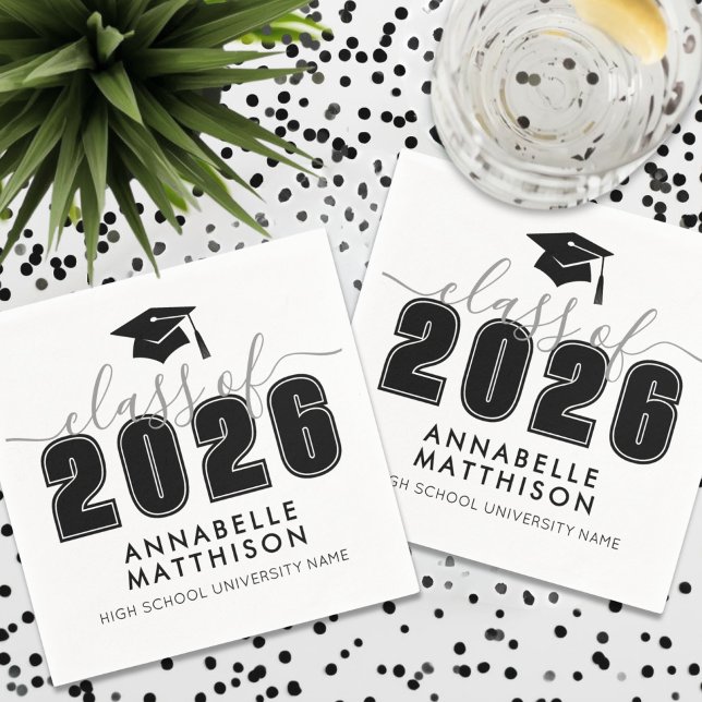 Graduate Simple Schwarz-weiß Abschluss Serviette (Graduate Simple Black White Graduation Napkins)