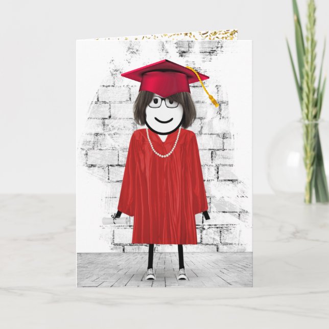 Graduate Stick Figure Girl with Diploma Karte (Vorderseite)