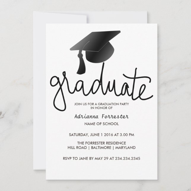 Graduate Typografy Simple Black Abschluss Hat Einladung (Vorderseite)