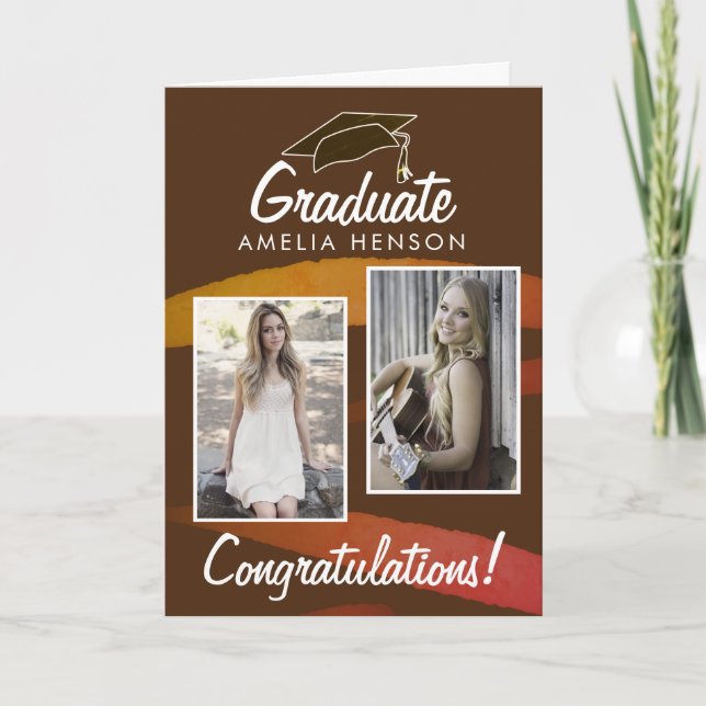 Graduate Watercolor Herzlichen Glückwunsch 2 Foto Karte (Vorderseite)