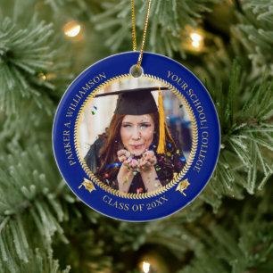 Graduation 2 Photo Blue   Gold Grad Cap Class Year Keramik Ornament