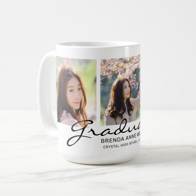 Graduation 3 Photo Collage Black Script Name Kaffeetasse (Vorderseite Links)
