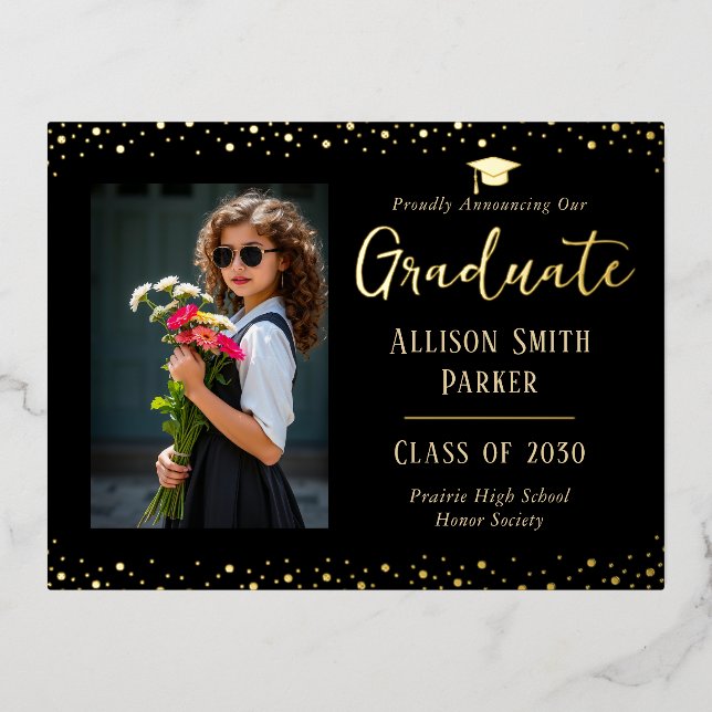 Graduation Announcement Black and Gold Photo Folien Feiertagspostkarte (Vorderseite)