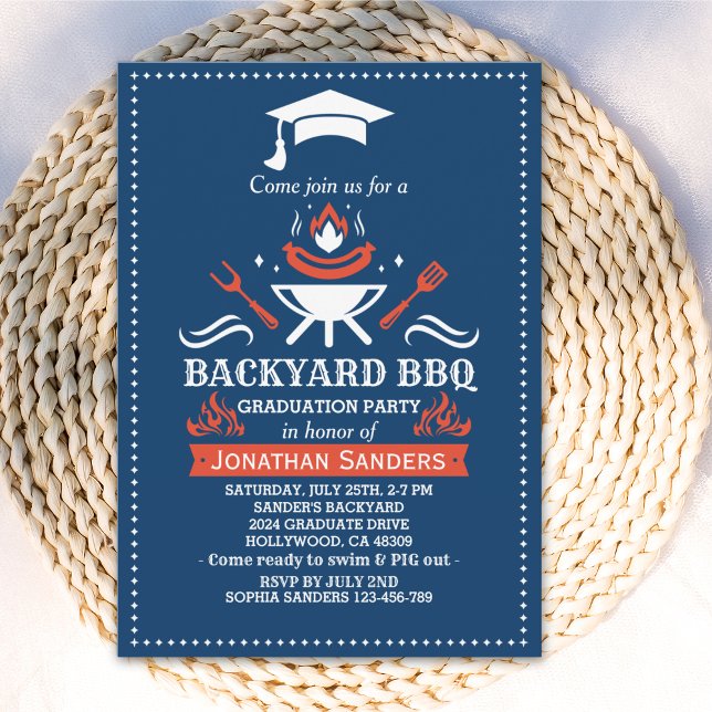 Graduation BBQ Backyard Navy Blue Einladung (Von Creator hochgeladen)