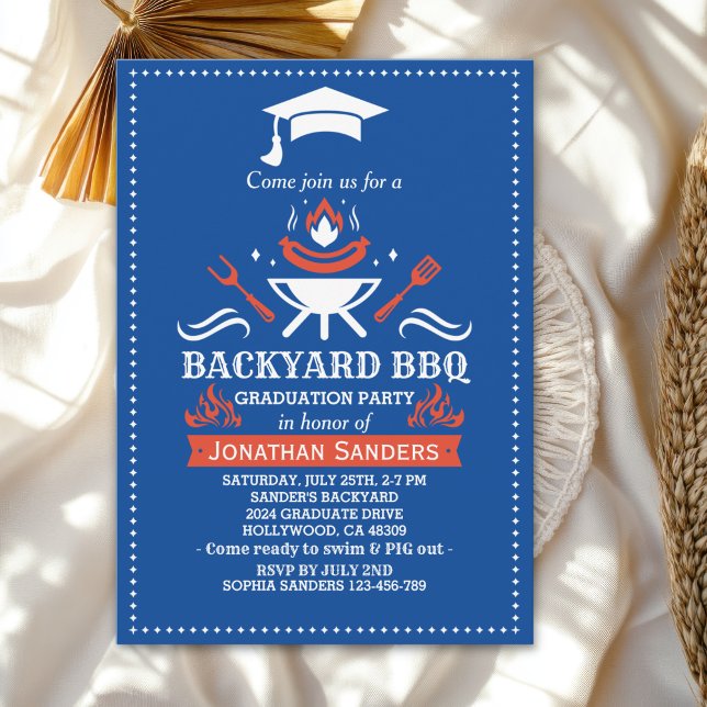 Graduation BBQ Backyard Royal Blue Einladung (Von Creator hochgeladen)