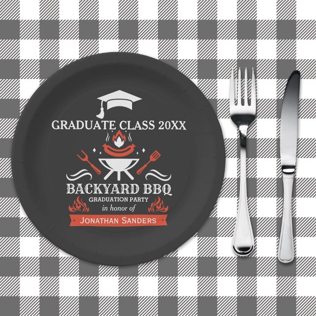 Graduation BBQ Party Backyard Black Pappteller (Von Creator hochgeladen)