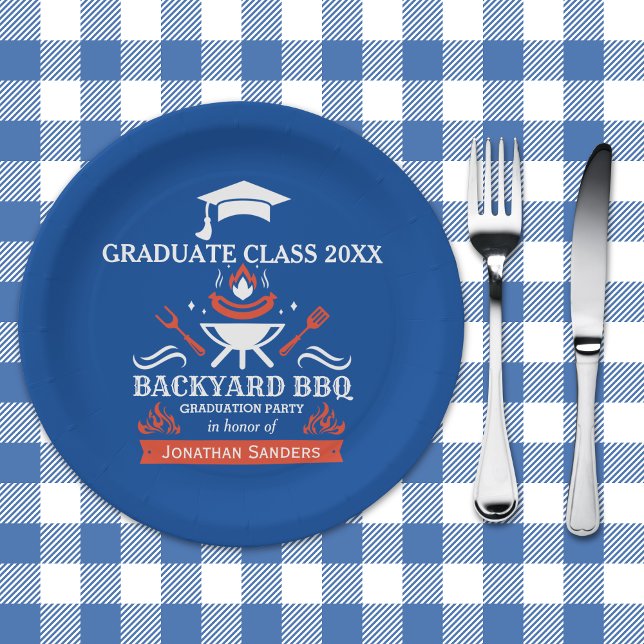 Graduation BBQ Party Backyard Blue Pappteller (Von Creator hochgeladen)