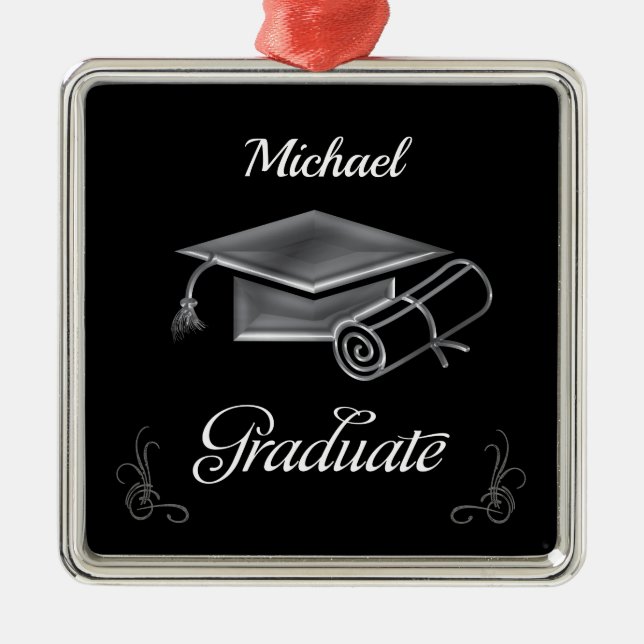 Graduation Black & Silver, Cap & Diploma Ornament Aus Metall (Vorne)